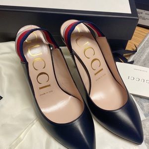 Gucci Sylvie Web Slingback Black Leather 524645 Heel Stretchy Strap Pump 38.5